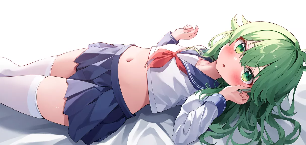 girl, sailor suit, green hair, ahoge, bangs, long hair, green eyes, loli, small .webp